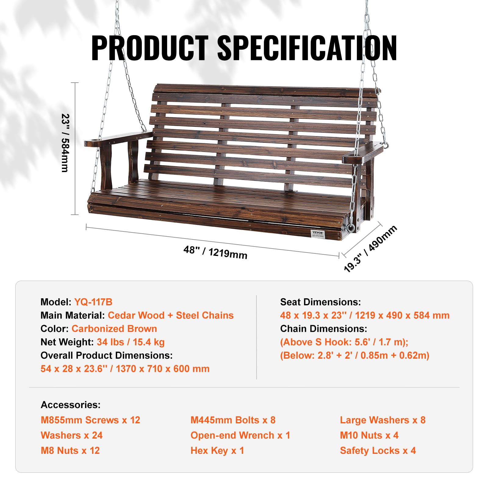 VEVOR Hollywoodschaukel Zedernholz, 1370x710x600mm, Terrassenschaukel für Hof und Garten, verbesserte Tragkraft von ca. 400 kg, robuste Schaukelstuhlbank mit Aufhängeketten für den Außenbereich, Braun
