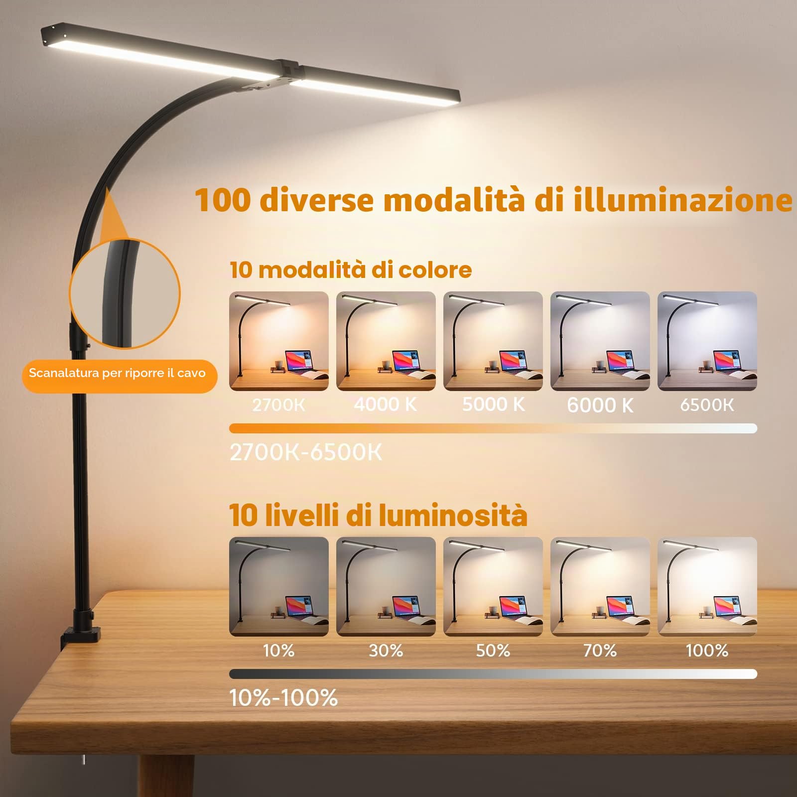 Lampada da Scrivania a LED, Luce da Tavolo Telecomandata 100 Modalità di Illuminazione per l'ufficio Casa, Collo d'oca, Doppia Testa, 24 W, Nero