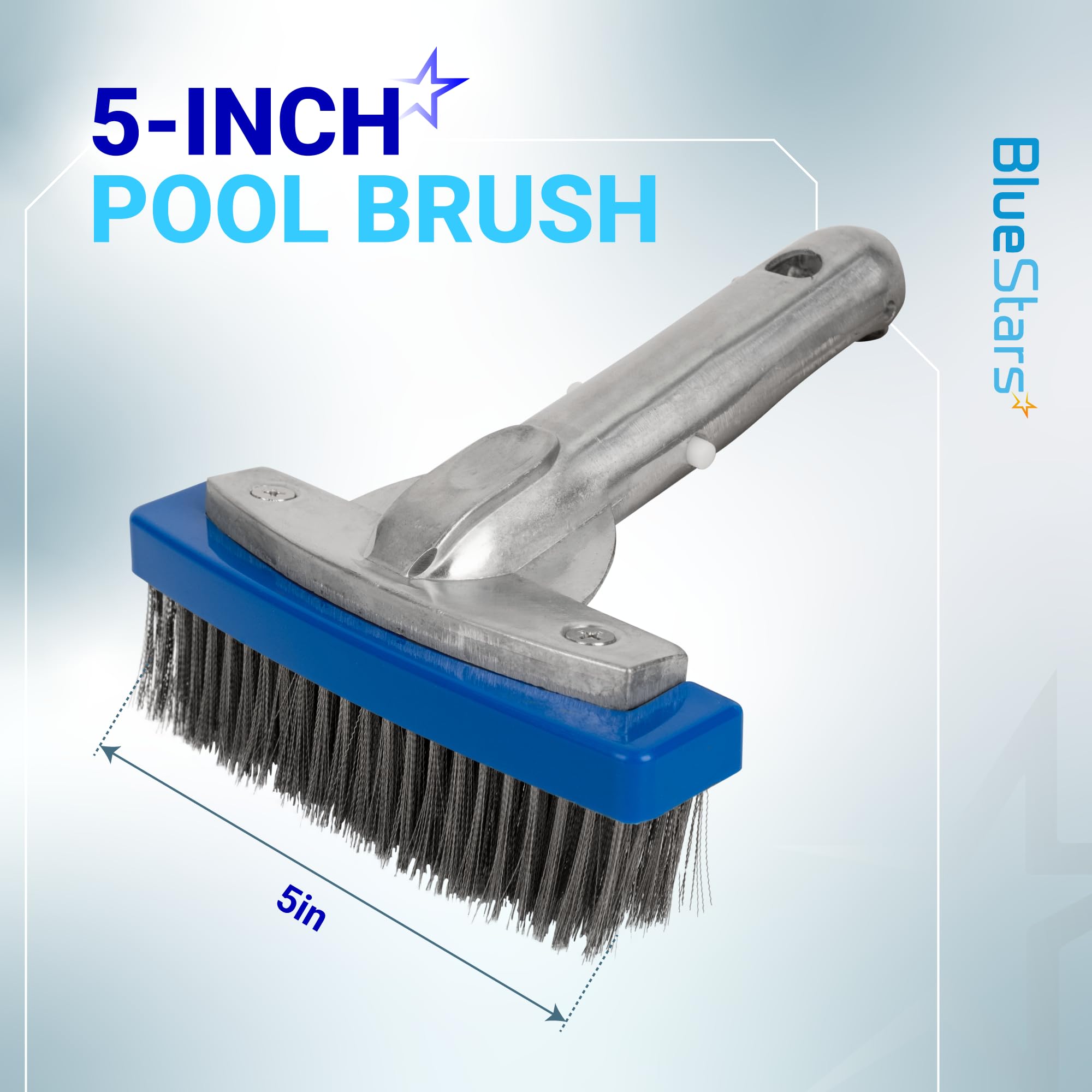 BlueStars Cepillo de piscina resistente de 12,7 cm con alambre de cerdas de acero inoxidable y mango de aluminio de 12,7 cm, adecuado para hacer frente a manchas difíciles en paredes, azulejos,