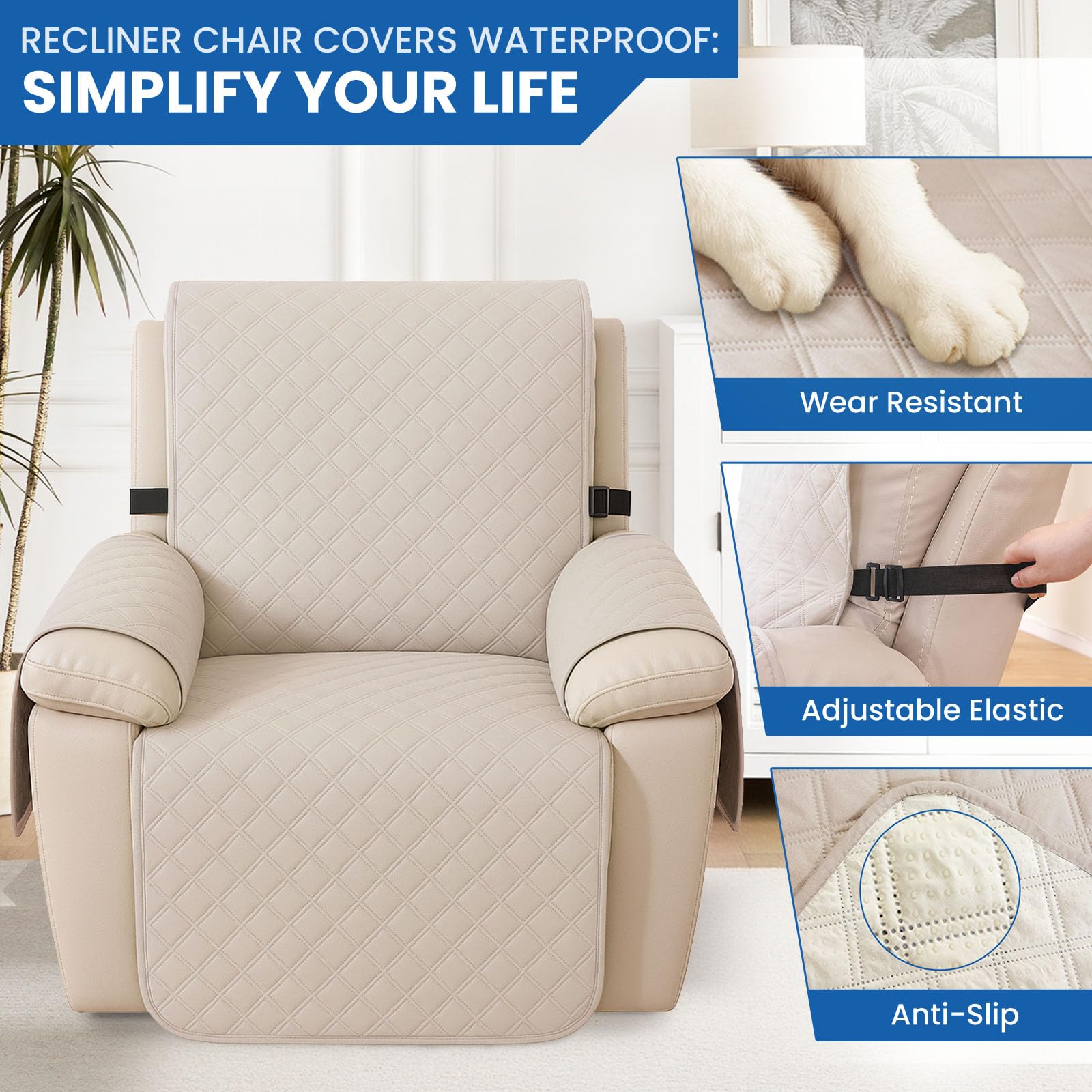Chingcoo Fauteuilbeschermer voor relaxstoel met armleuningen en zakken, zachte stoelovertrek, 59 x 203 cm, antislip en wasbaar, stoelhoes ter bescherming tegen vlekken en huisdieren, donkergrijs