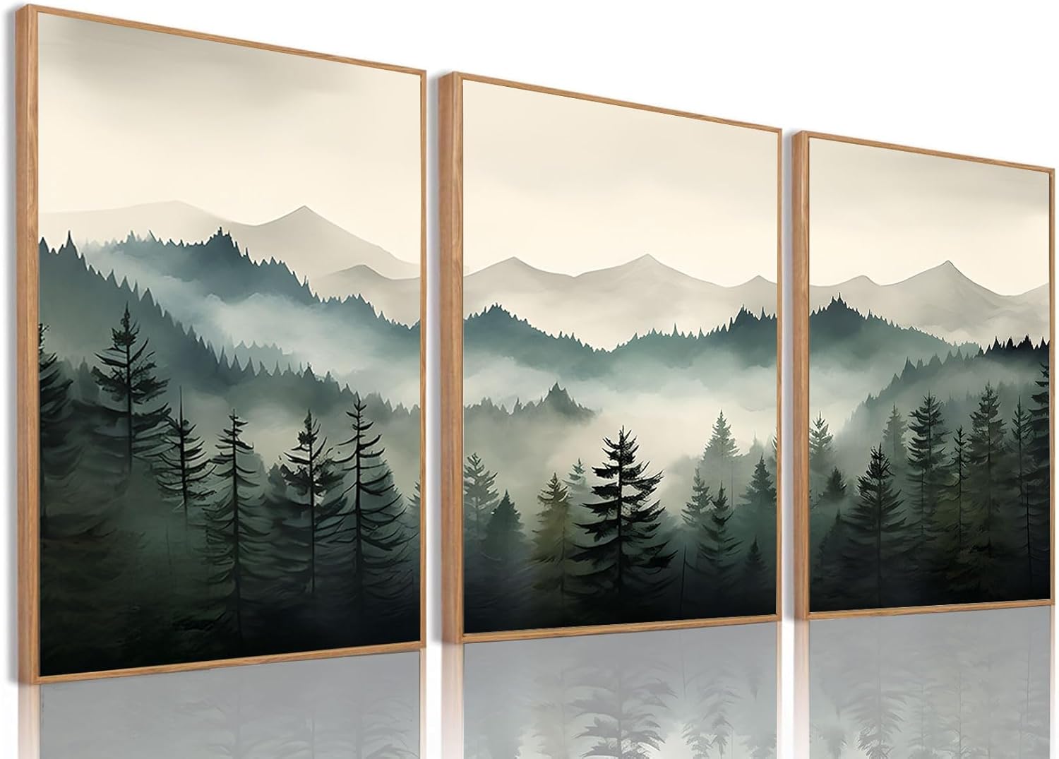 Yolbcdr Framed Mountain Canvas Wall Art Decor Forest Landscape Prints Set of 3 Green Nature Watercolor Painting Pictures Modern Neutral Artwork for Living Room Bedroom Office 16x24in