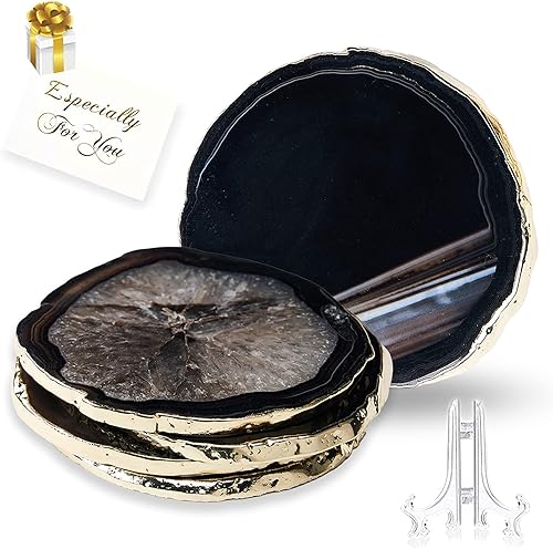 Miniatura 7 de Juego de 4 posavasos de ágata verde, geoda natural con rodajas de ágata y borde dorado, 4 x 3.5 pulgadas, posavasos de piedras preciosas para Verde