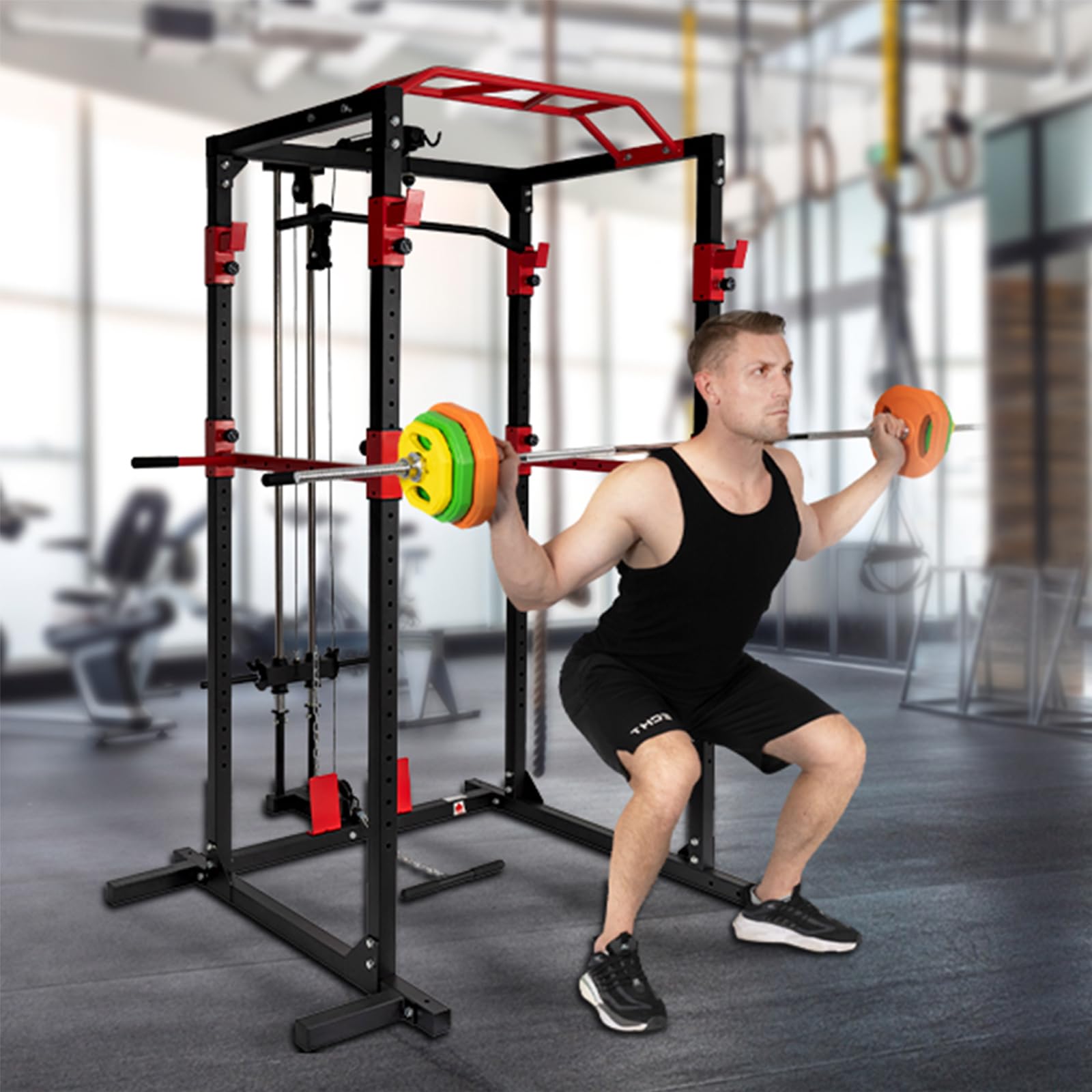 Jaula de Musculación,Equipo de Ejercicio de Musculación,Multifuncional para Sentadillas con Barras de Dips Acoplables y 2 Puntales de Seguridad Macizos,Torre y Jaula Multiestación