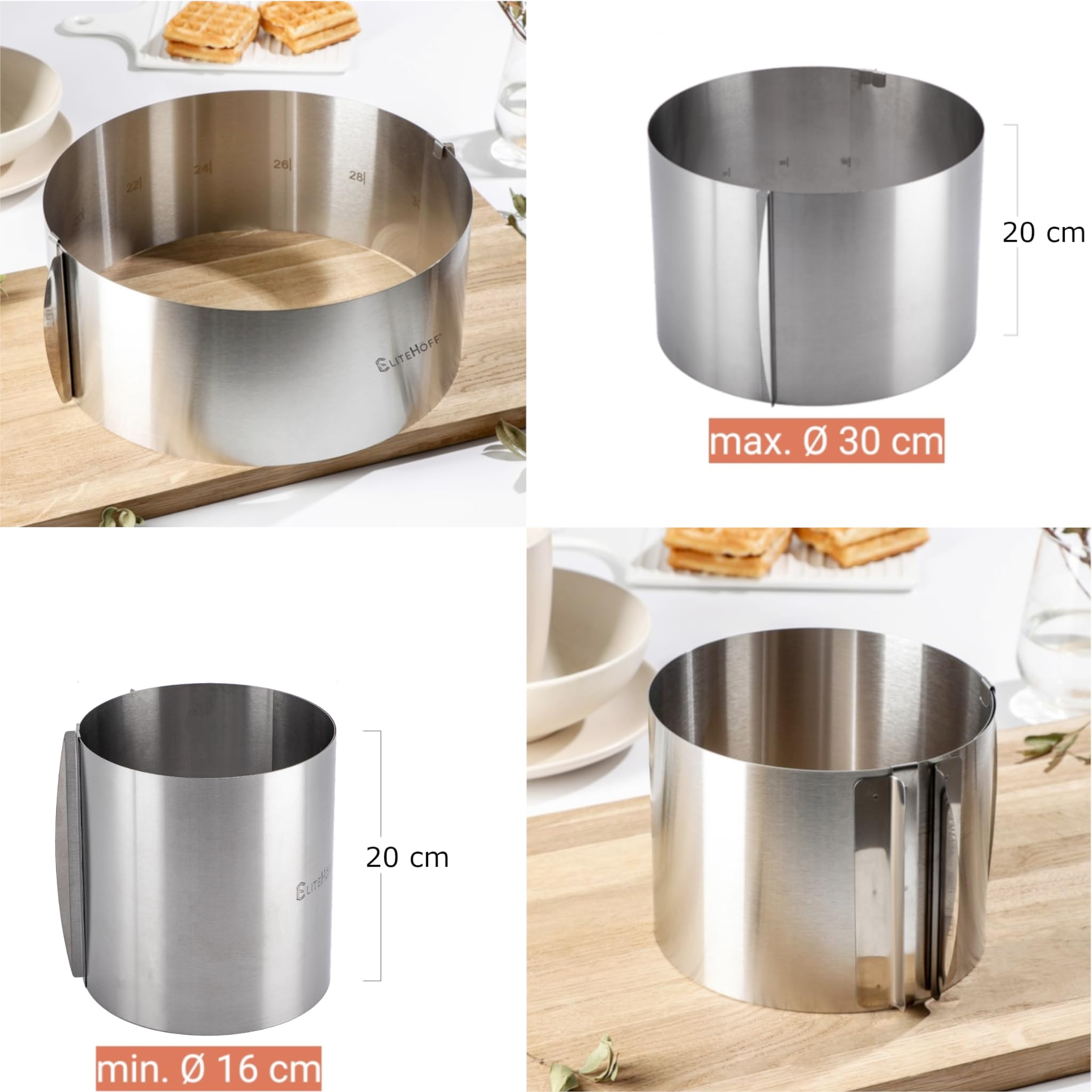 EliteHoff Okrągły Pierścień do Ciasta ze Stali Nierdzewnej - Wysoki Rant Do Tortu (Wysokość 15 cm lub 20 cm) Regulowana Średnica 16-30 cm, Forma do Pieczenia Ciast Obręcz do Tortów (Wysokość 20 cm)