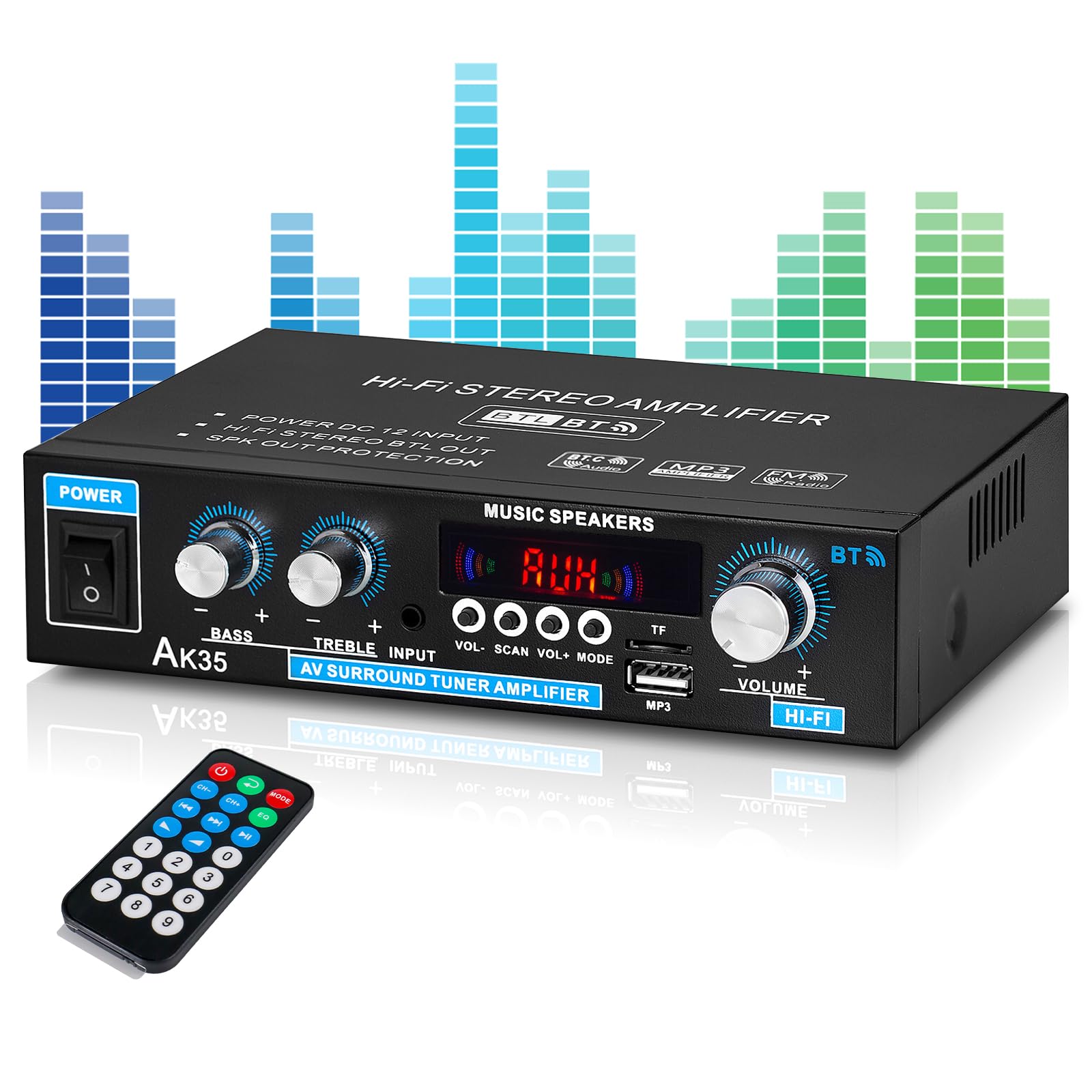 Amplificatore audio AK45, amplificatore stereo, amplificatore Bluetooth 5.0 HIFI con telecomando per auto e casa con ingresso MIC/SD/USB, radio FM