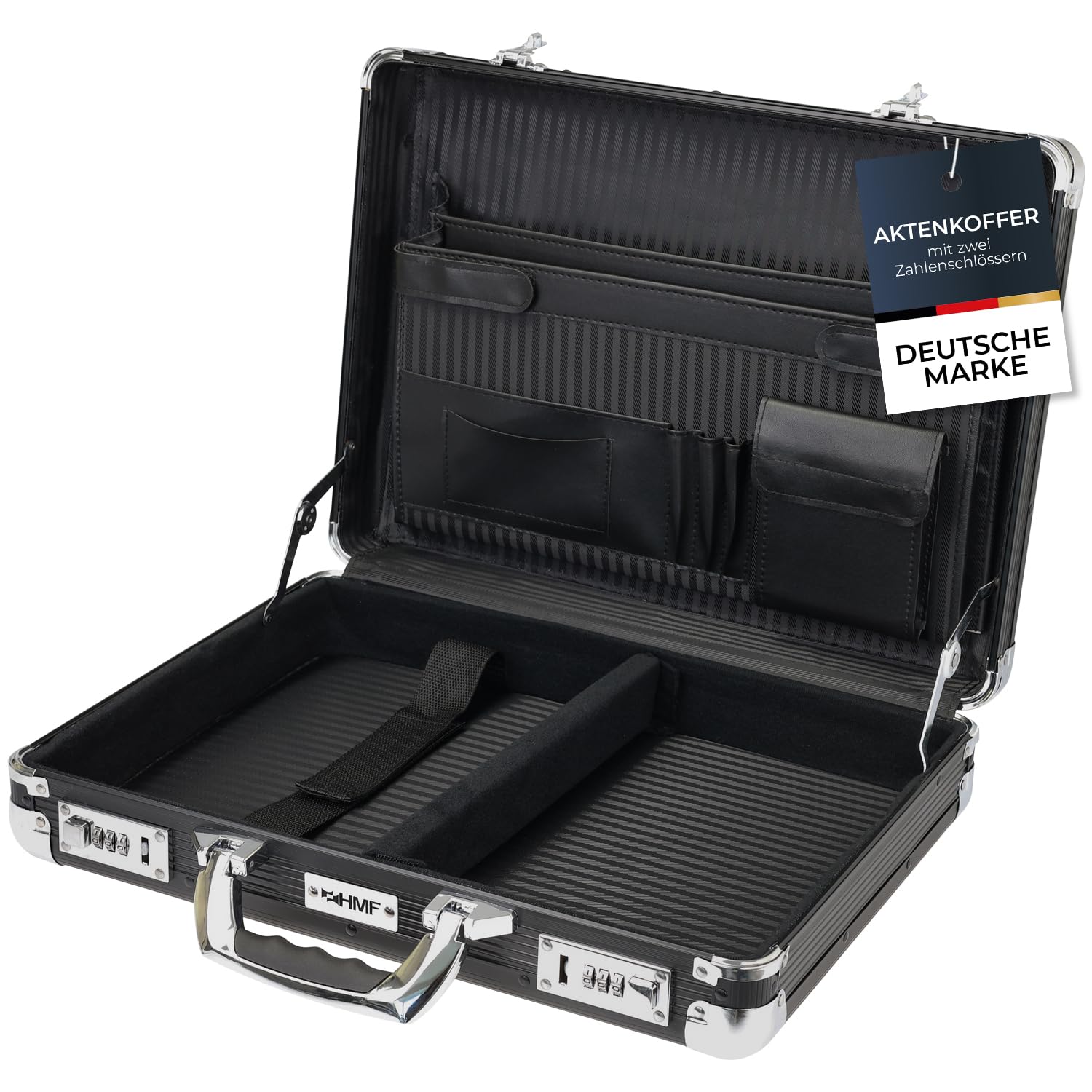 HMF Alu Aktenkoffer für Laptop bis 17,3 Zoll, Businesskoffer Herren mit Zahlenschloss, gepolstertem Laptopfach und Organizer im Deckel | 45 x 33 x 11 cm | Schwarz