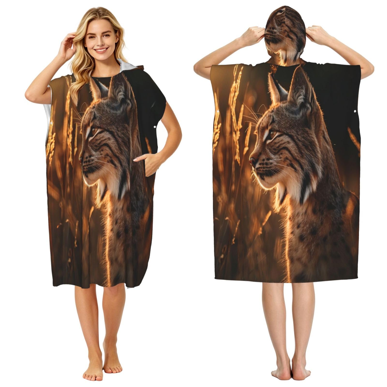 DTHKJNLSF The Lynx Of The Grassland Adult Hooded Beach Poncho Towel