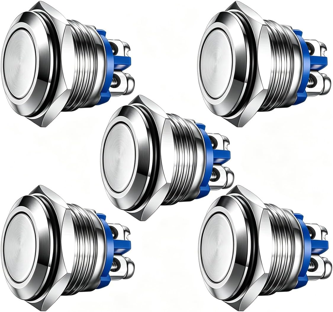 Gebildet 5pcs Momentary Push Button Screw Type terminals Stainless Steel Metal Waterproof Button 16mm 2A 12V/24V/125V/250V with 2 Screw Terminals Stainless Steel (Flat Head)
