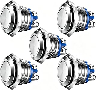 Gebildet 5pcs Pulsador Momentáneo,Terminales de Tipo Tornillo, Botón de Metal de Acero Inoxidable a Prueba de Agua 16mm 2A 12V/24V/125V/250V(Cabeza Plana)