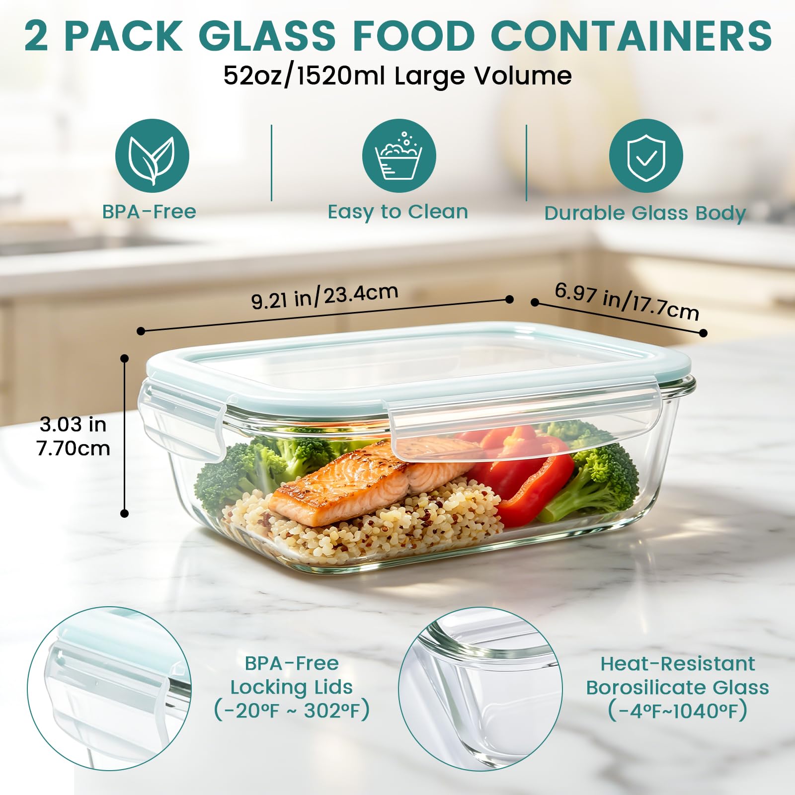 Luvan 2 * 1,52L Recipientes grandes de Cristal con Tapas para Alimentos, Recipientes de Meal Prep/Cajas Bento/Cajas de Almuerzo con 4 Cierres de Pestañas, Aptos para Refrigerador y Lavavajillas