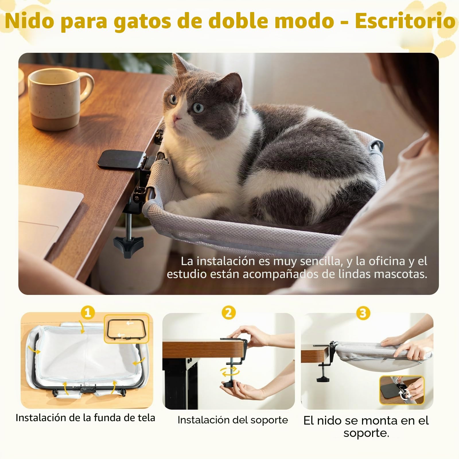 CATISM 2 en 1 Escritorio para Gatos & Plegable Hamaca GatoVentana de hasta 18kg, Lavable Cama para Gatos con Ventosa Fuerte para Oficina en casa
