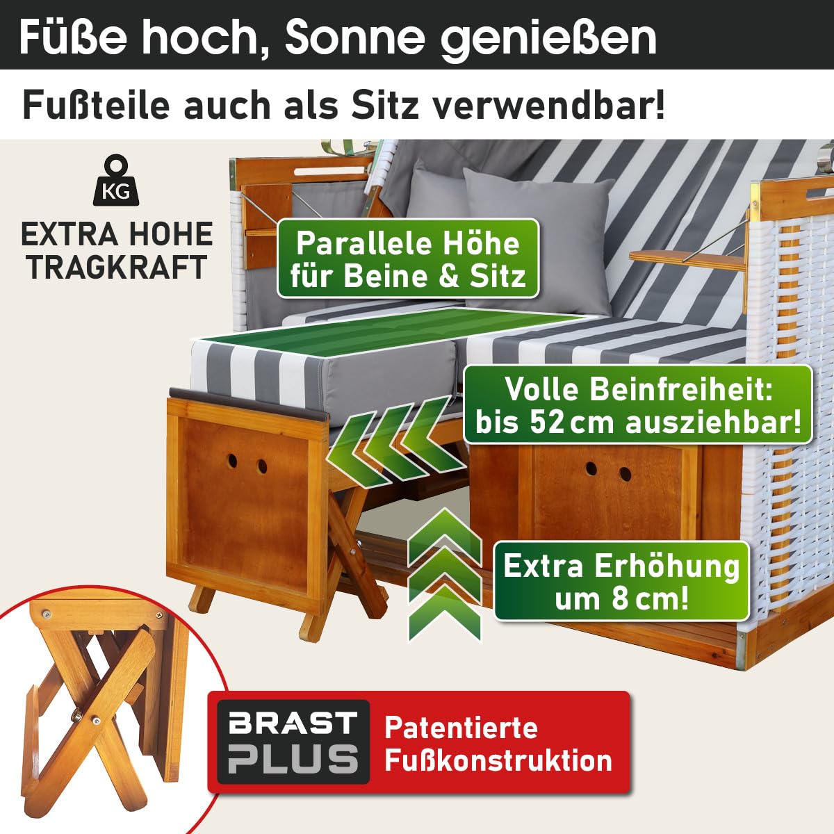 BRAST® Strandkorb Norderney Deluxe für 2 Personen | 120cm breit | 4 Designs | inkl. wetterfeste Abdeckhaube | verstellbare Rückenlehne Fußkissen | Grau/Weiß - gestreift