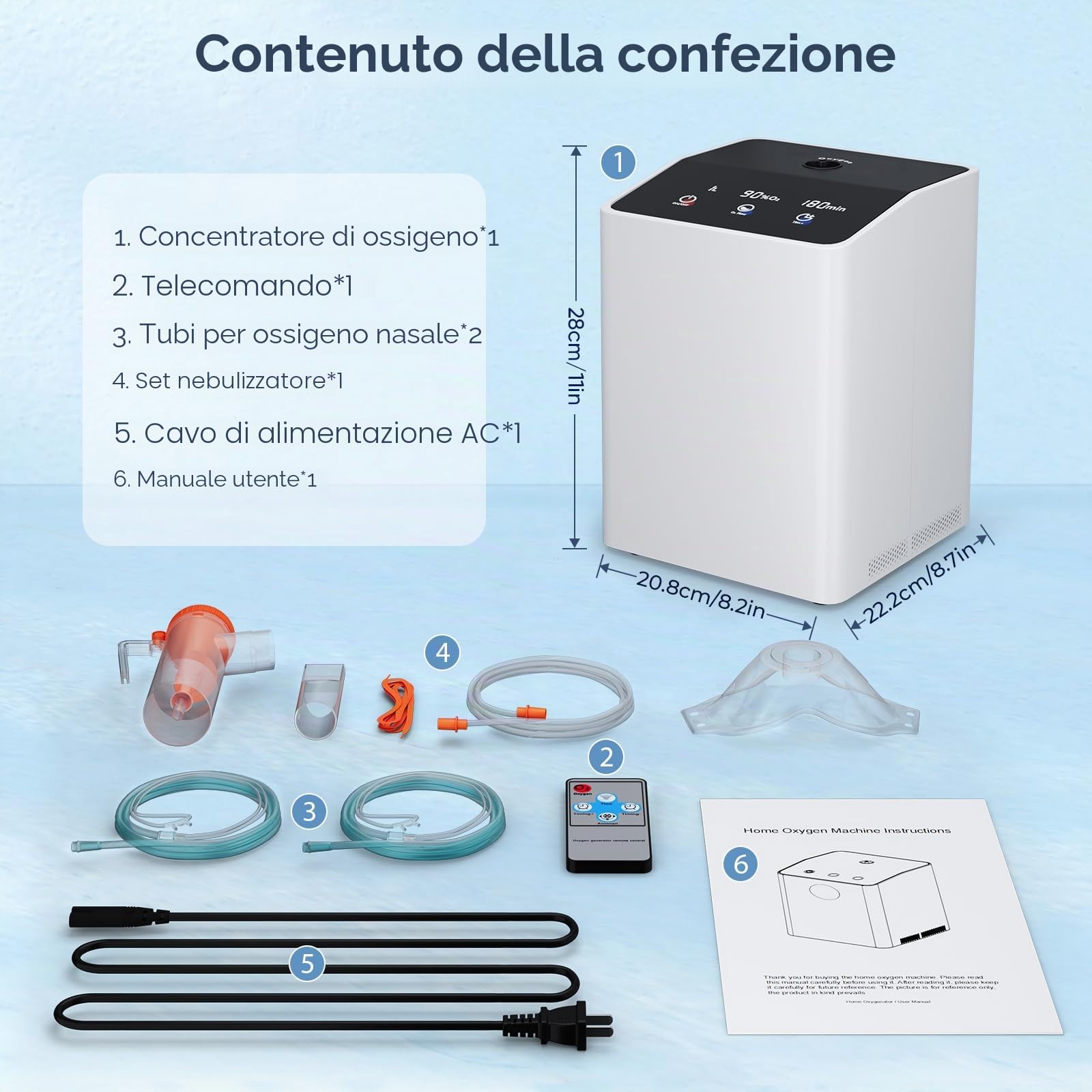 Dispositivo di ossigeno portatile, concentratore di ossigeno Xandoril per uso domestico,90%, 1-7L/min,Concentratore di ossigeno portatile