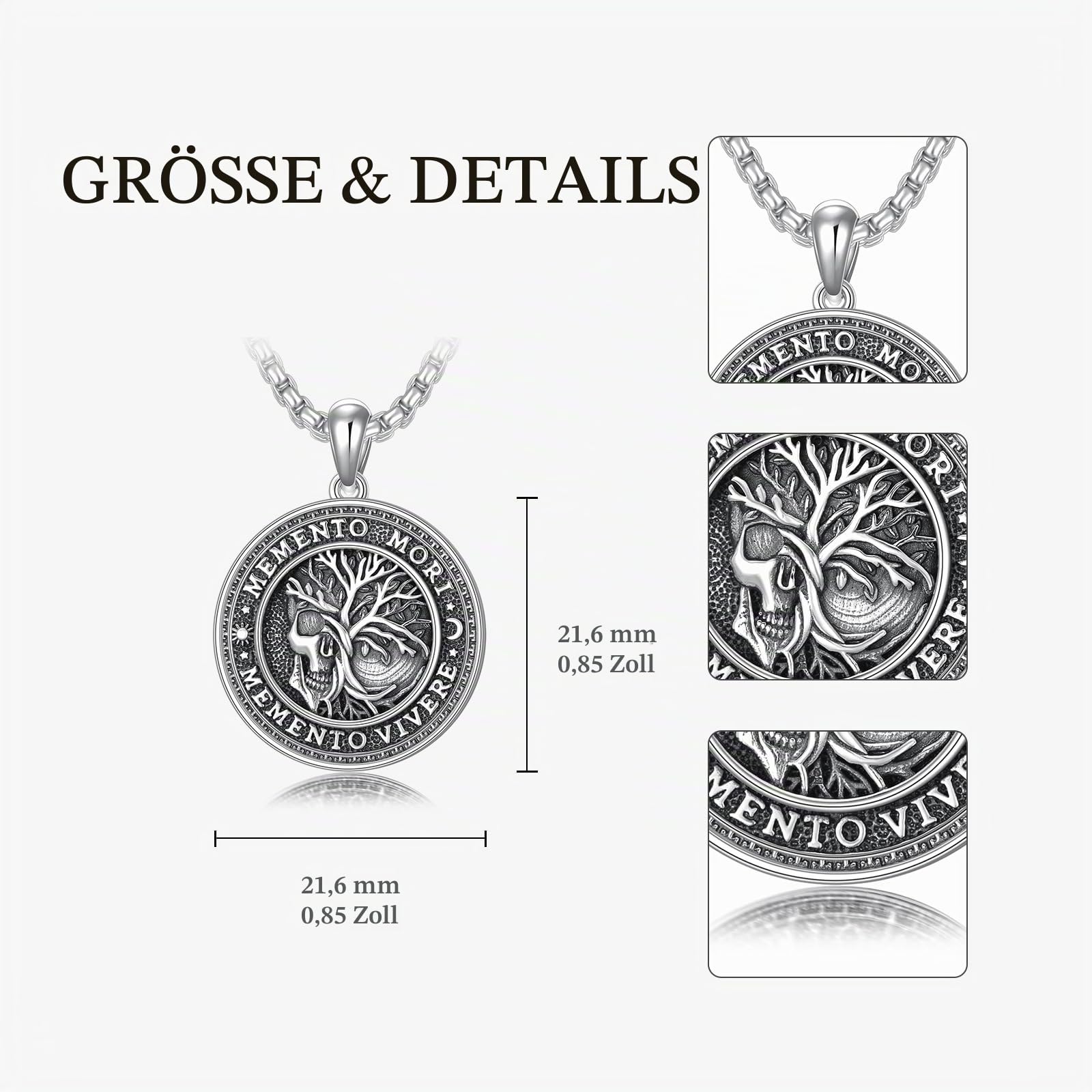 Memento Mori Halskette für Herren 925 Sterlingsilber Memento Mori Anhänger Lebensbaum Totenkopf Amulett Schmuck Geschenke 55,9 cm + 5,1 cm Edelstahl Kette