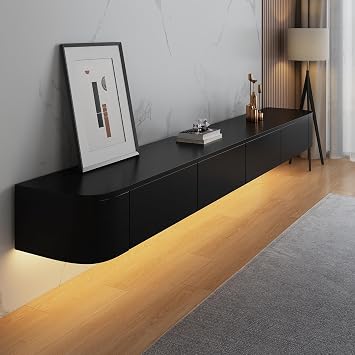 Wall Mounted TV Unit, Floating TV Stand Cabinet, Black Floating TV Cabinet with Doors in Media Wall Unit, Entertainment Storage TV Console for Living Room and Office Black-LED, 180cm