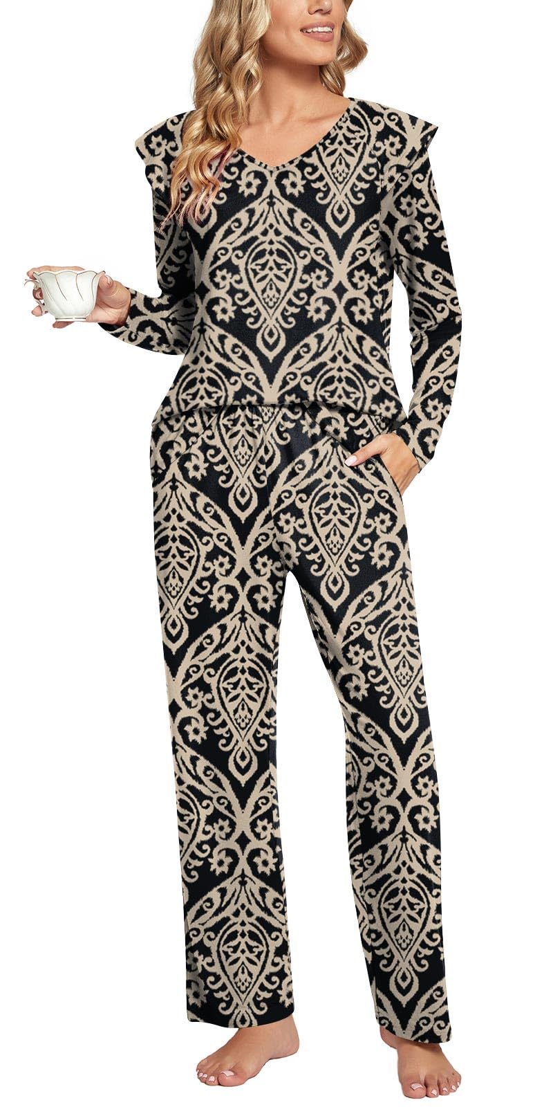 Aodemo Womens 2 Piece Fall Pajama Sets Ruffle Long Sleeve Sleepwear Ladies Nightwear Pjs Lounge with Pockets