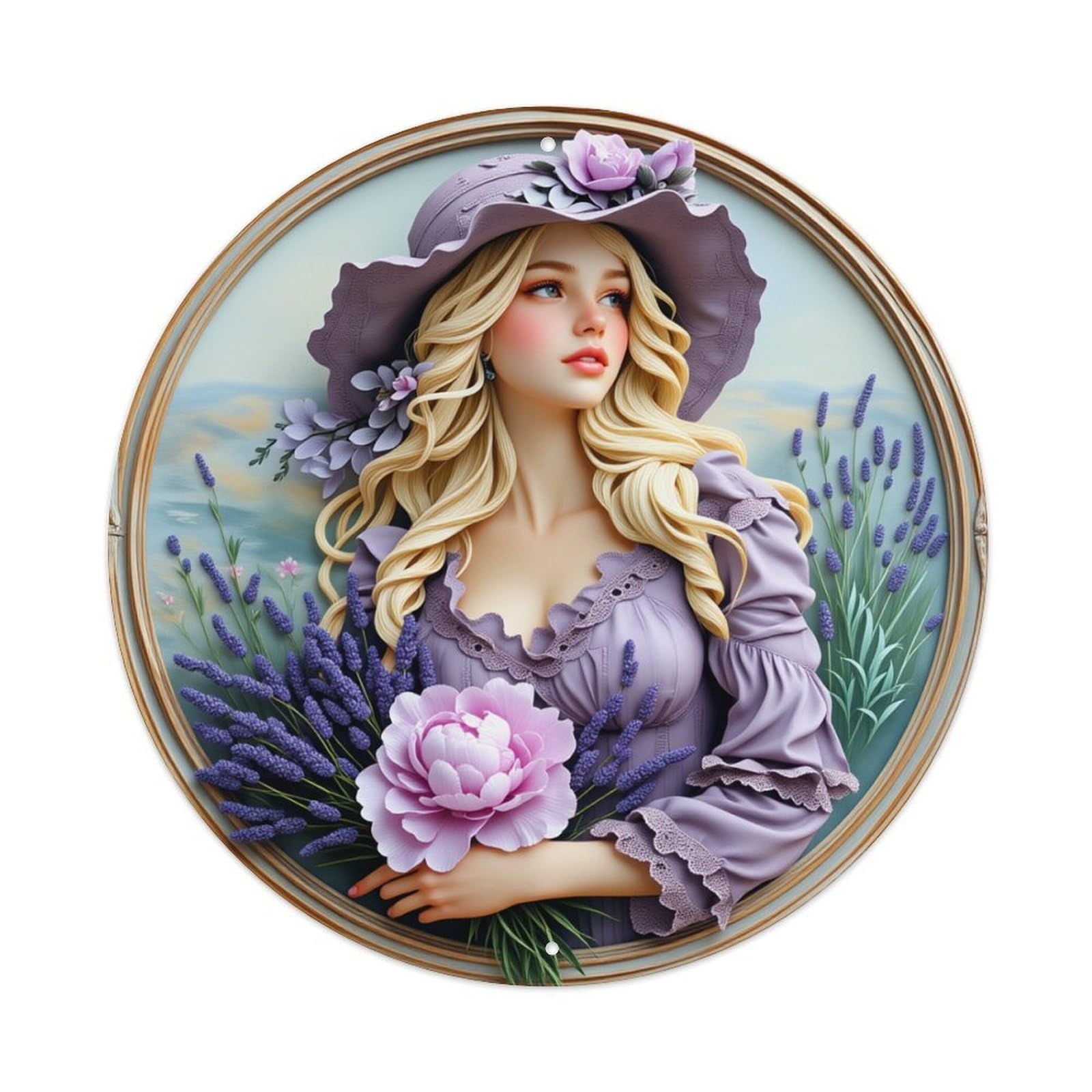 Floral Lavender Peony Hat Dress Round Tin Sign Retro Metal Sign for Cafe Bar Pub Home Game Room Gym Club Wall Decoration Vintage Metal Poster 8x8 Inch