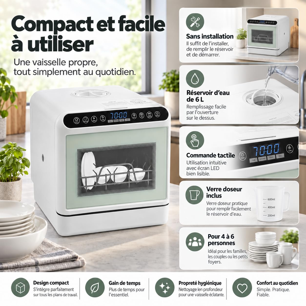 Lavavajillas de mesa de 1100 W, 6 L, mini lavavajillas, camping, 4