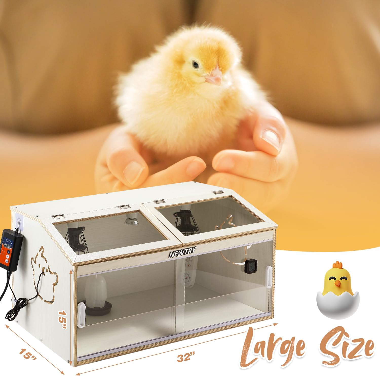 NEWTRY Brooder Box for Chicks 32" Chicken Brooder with 3 Heating Lamp, Waterer, Feeder, 2 Types of Thermometer 32 * 15 * 15” Brooder Box up to 35 Chicks Quail Birds