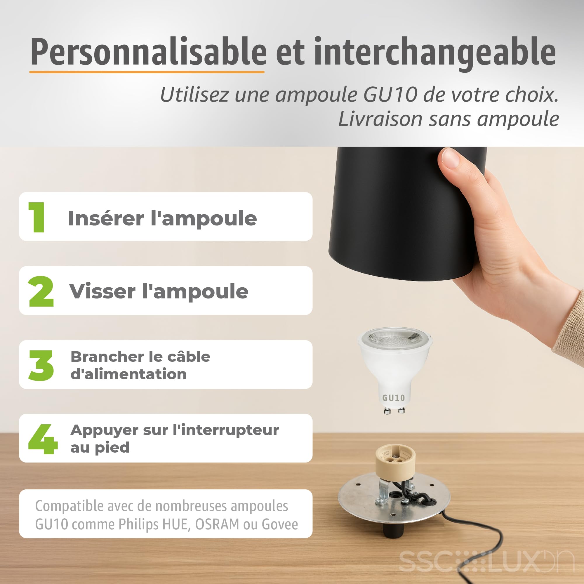 SSC-LUXon AUREVA lot de 2 lampes de sol noir-or – luminaire décoratif LED GU10 pour salon & chambre – petite lampe de chevet design avec interrupteur au pied – aluminium 22 cm