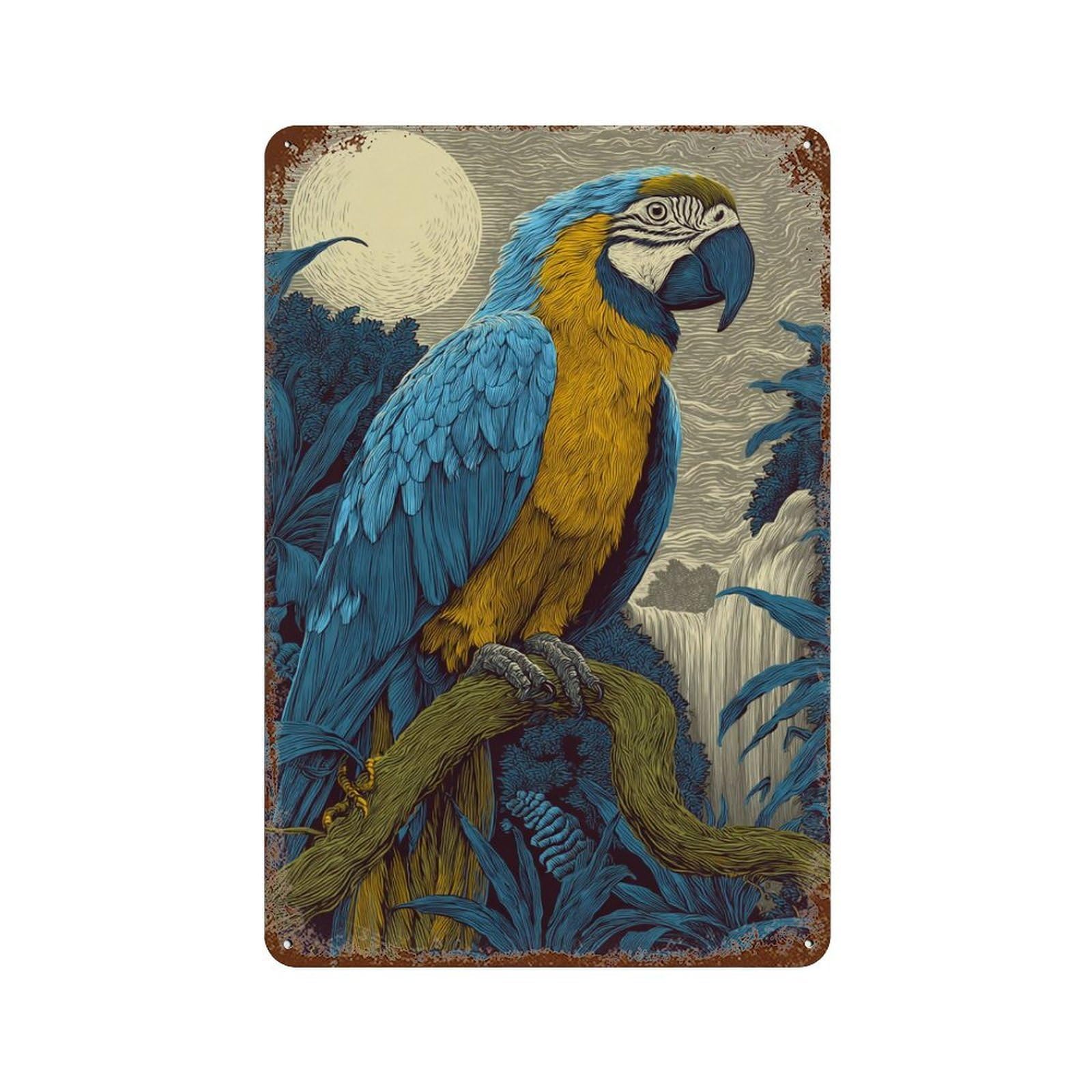 Garage Style Amazonian Macaw Moonlight Distressed Metal Wall Sign 11.8"x7.9", Retro Wall Decor for Bar And Workshop
