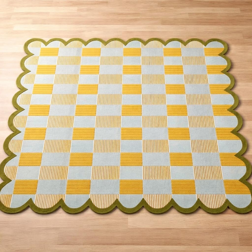 Chula Vista Rug_Hand-Tufted Wool Area Rug with Scalloped Edges, Plaid Pattern, Cozy and Soft Accent Rug for Living Room, Bedroom, Nursery, Handmade Carpet (Light Blue, Beige, Green, 7x10 Feet)