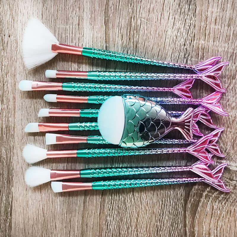 11 Piece Mermaid Makeup Brushes Set, Foundation Eyebrow Eyeliner Blush Cosmetic Concealer Brushes Women Girl Cute Make Up Tool Set