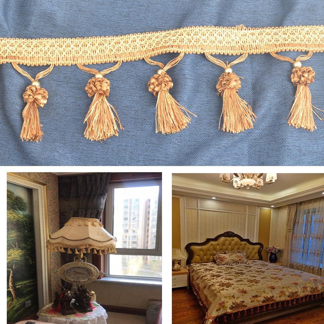 Fringe Tassel Lace Trim 12.5 Yards Braided Hanging Beads Handwork DIY Craft Sewing Accessory Lace for Home Curtain Table Decoration (Dark Coffee with Yellow)