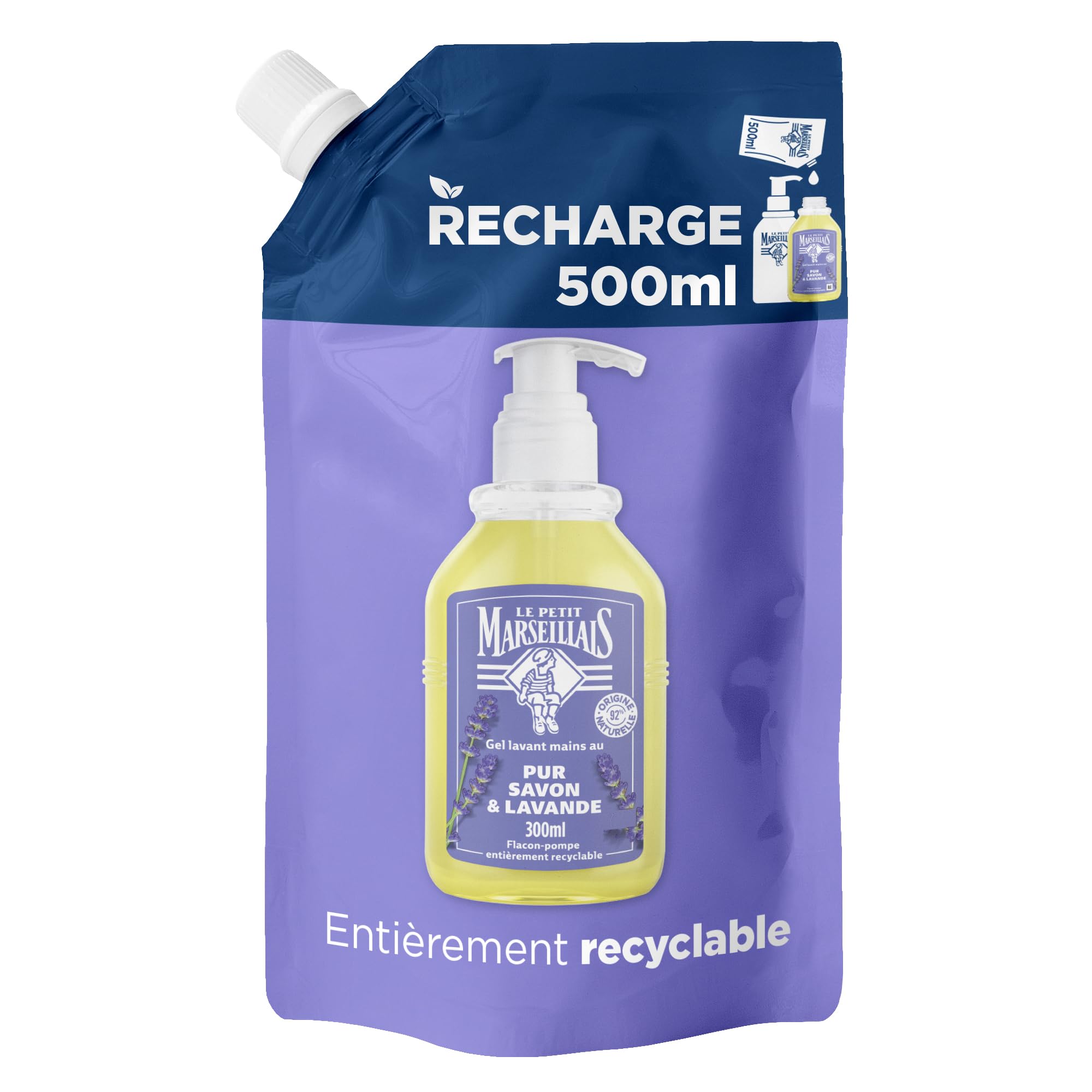 Le Petit Marseillais – Recharge Gel Lavant Mains Pur Savon & Lavande (écopack de 500 ml) – Recharge savon liquide pour flacon-pompe – Savon mains à l’huile essentielle de lavande
