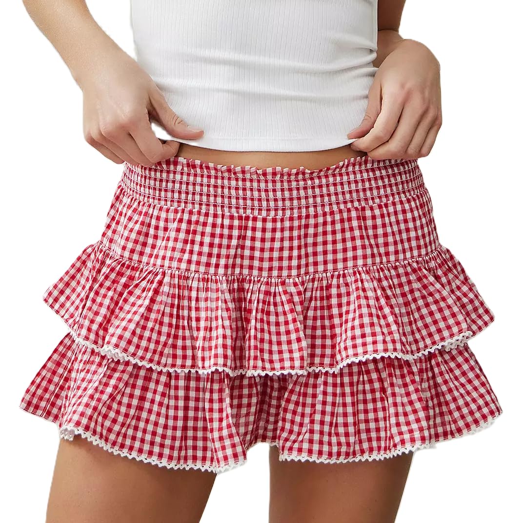 Women Plaid Mini Skirt Layered Ruffle Hem Short Skirt Y2k Gingham Flowy Tiered Skirts Cute Streetwear