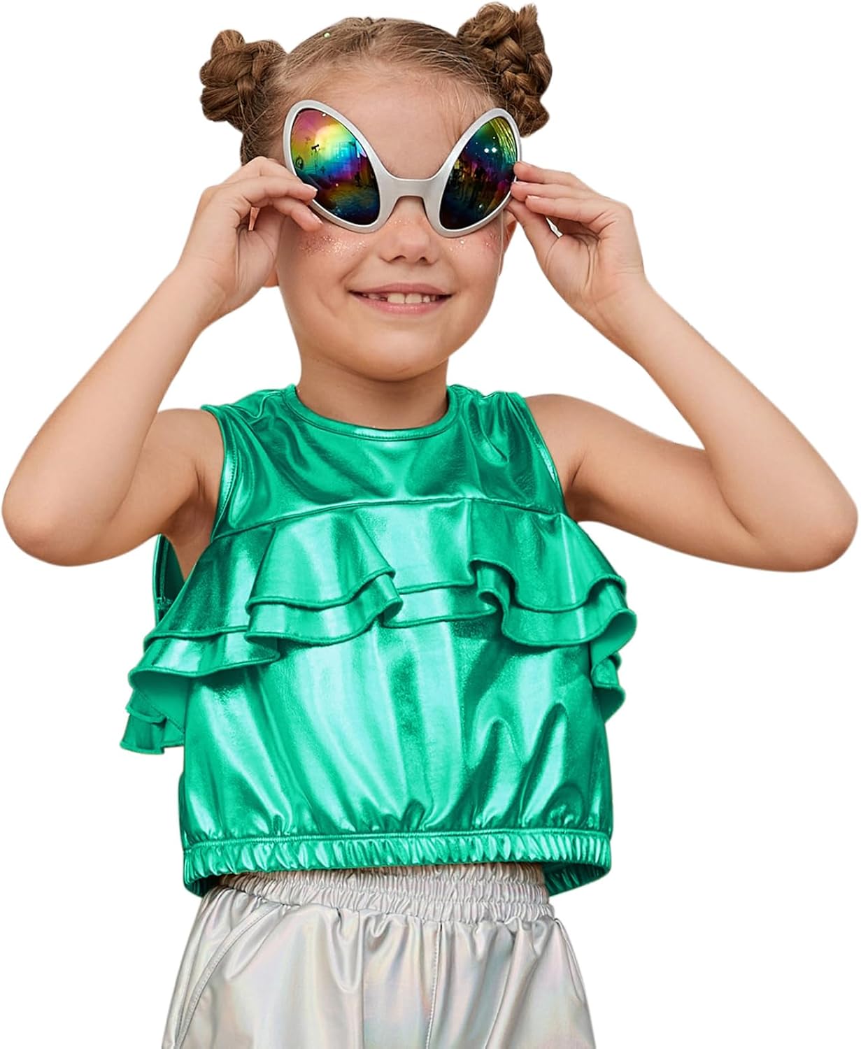 Perfashion Girls Metallic Tank Tops Shiny Ruffle Layered Crop Tops Dance Shirts with Alien Glasses 4-15 Years