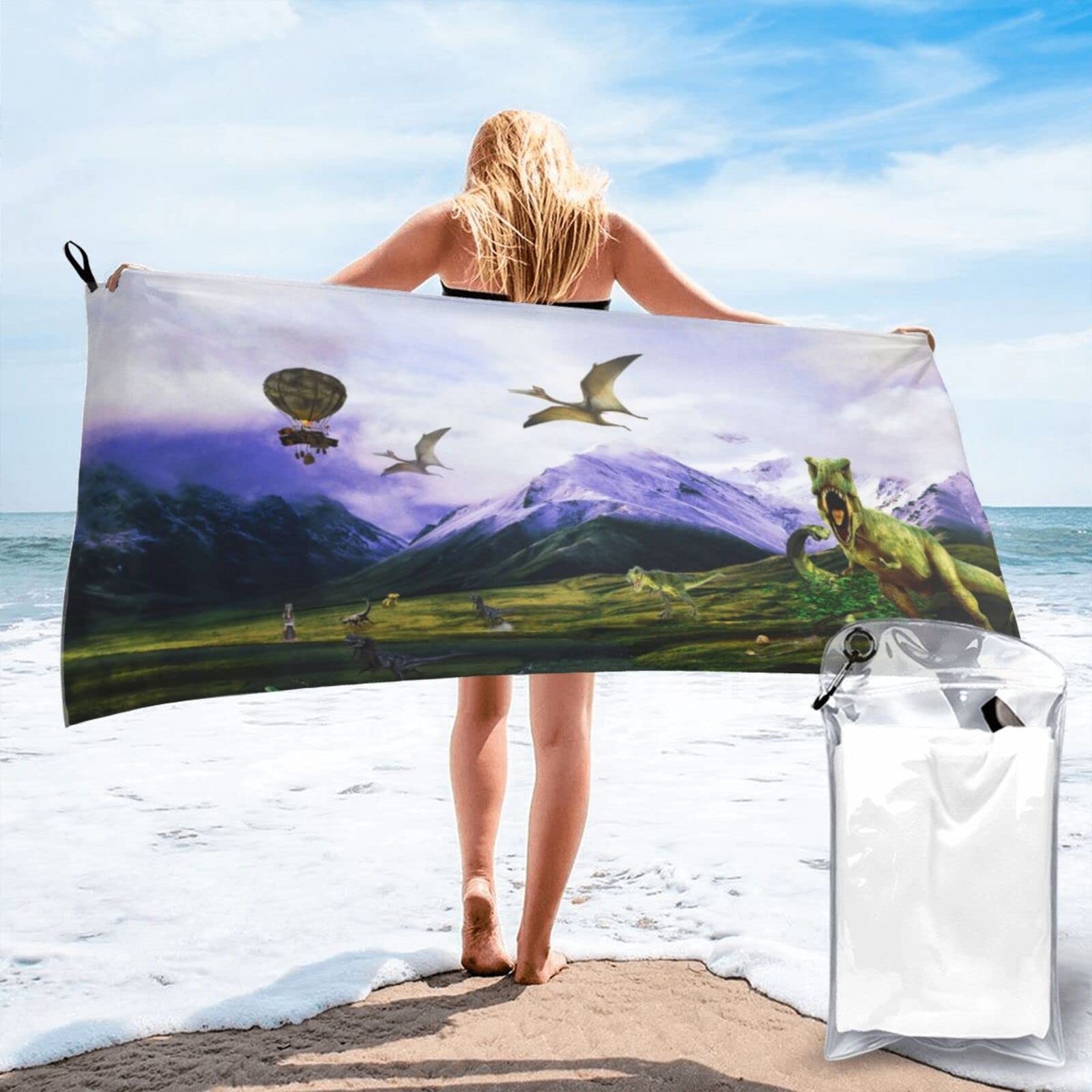 Lawenp Dinosaur Garden Microfiber Beach Towel Adults Large Quick Drying Bath Towel Travel Towels with Pouch 27.5"x55"