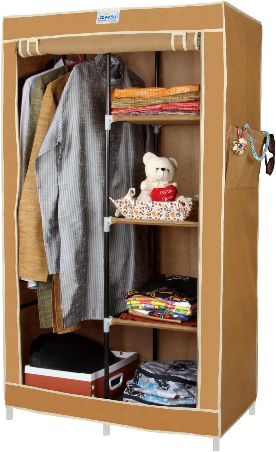 Portable Wardrobe Single Door / 5 Shelves / 1 Hanger - Beige