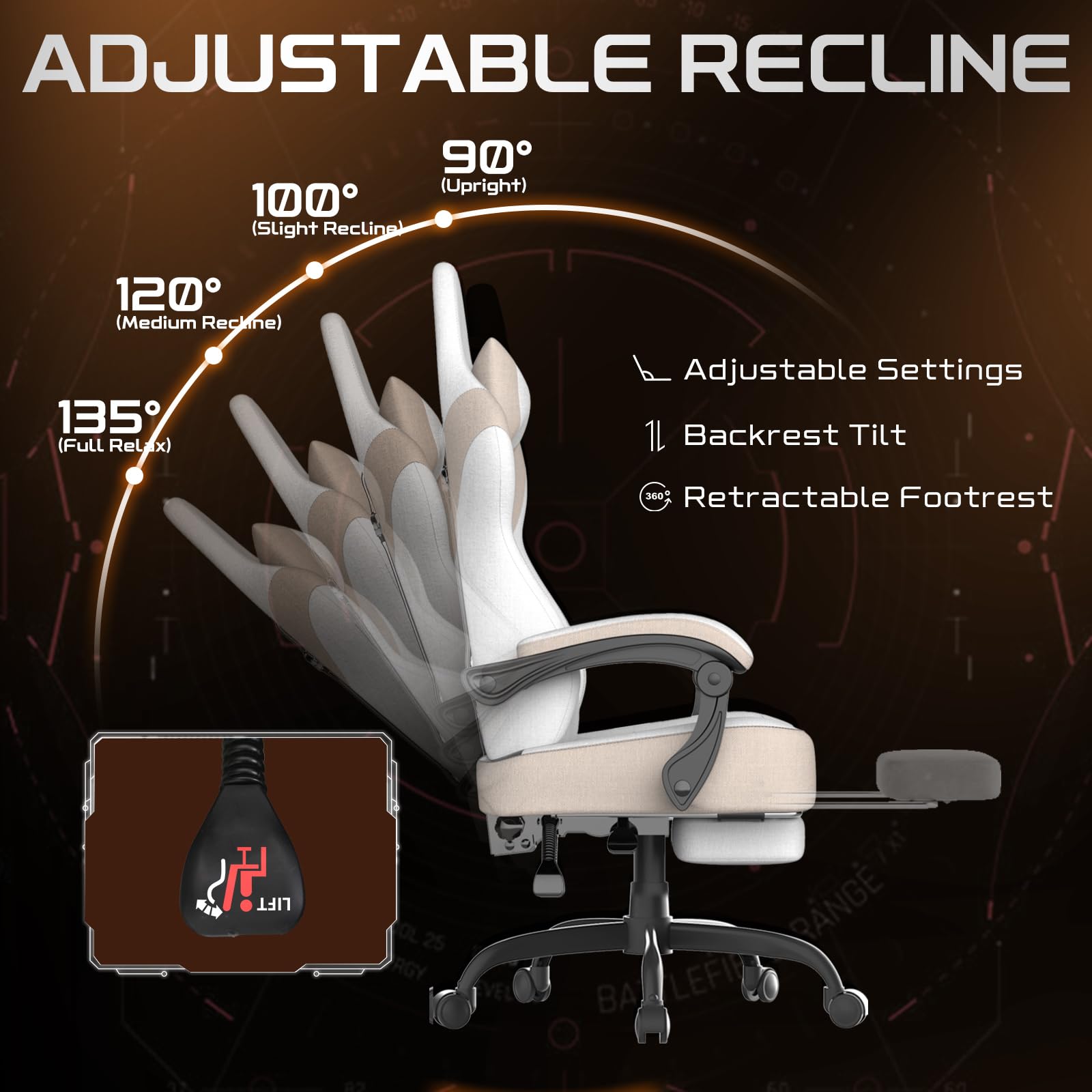 Verdego Chaise Gaming Ergonomique, Fauteuil Gaming avec Coussin Lombaire Massant, Repose-Pieds Rétractable, Accoudoirs Réglables, Tissu Cuir, Chaise Gamer Dossier Inclinable 135°, Beige Kaki