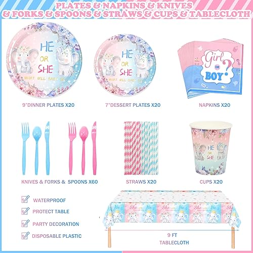 Miniatura 3 de Fiesec Decoraciones de revelación de género de elefante, suministros de revelación de género rosa y azul para niño o niña, telón de fondo, bandera,