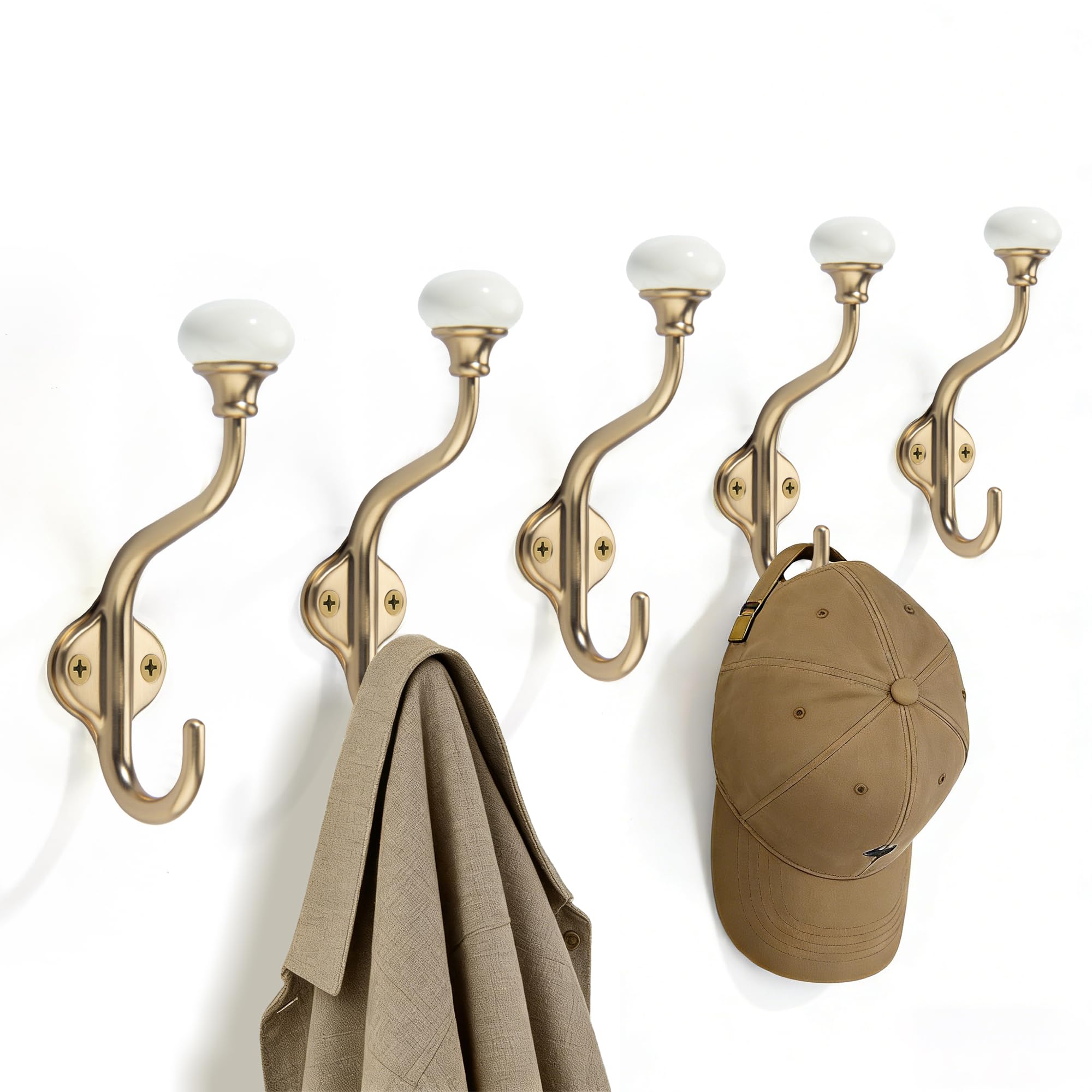 TUNNY Coat Hooks - 5 Pack Champagne Bronze Towel Hooks Robe Hooks Decorative Wall Hooks for Bathroom Bedroom