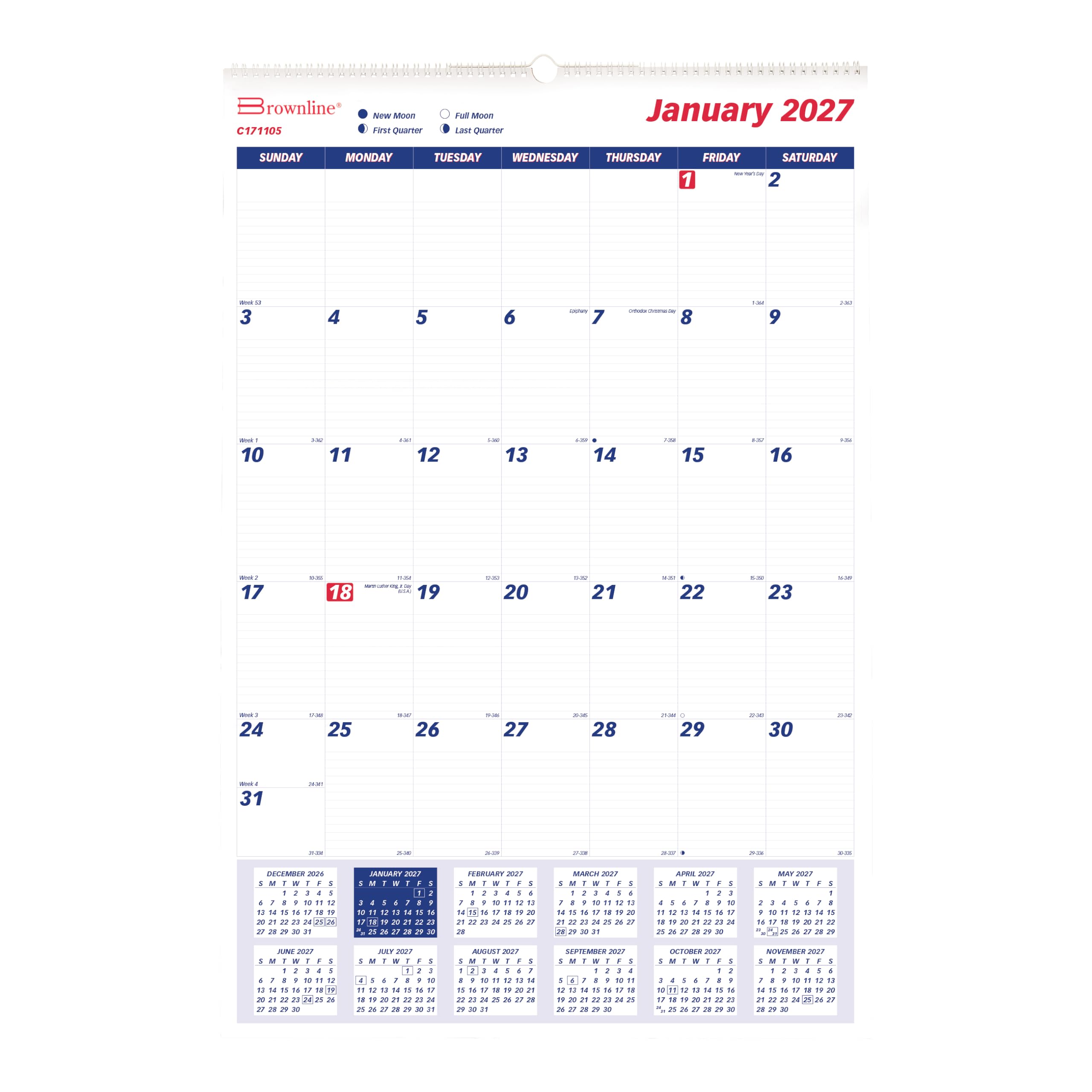 Brownline® C171105 Monats-Wandkalender 2027, 12 Monate, Januar bis Dezember, Doppeldrahtbindung, 50,8 x 76,2 cm