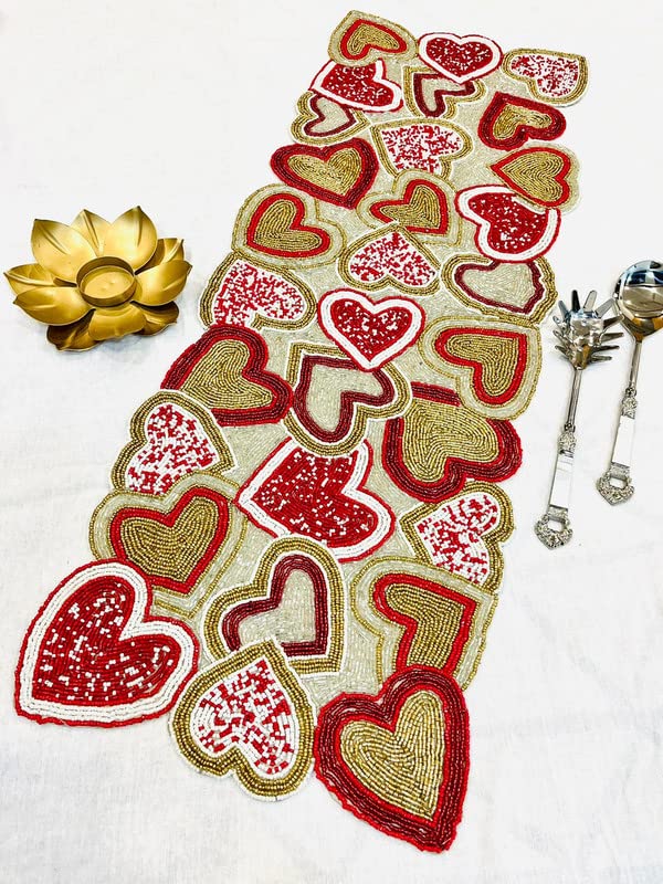 Image of MFU- Made for You Beautiful Beaded Table Runner Craftsmanship |Pack of 1 Measure 13 * 36 Inches| Thanksgiving - Occasional Decoration / Red Hearts