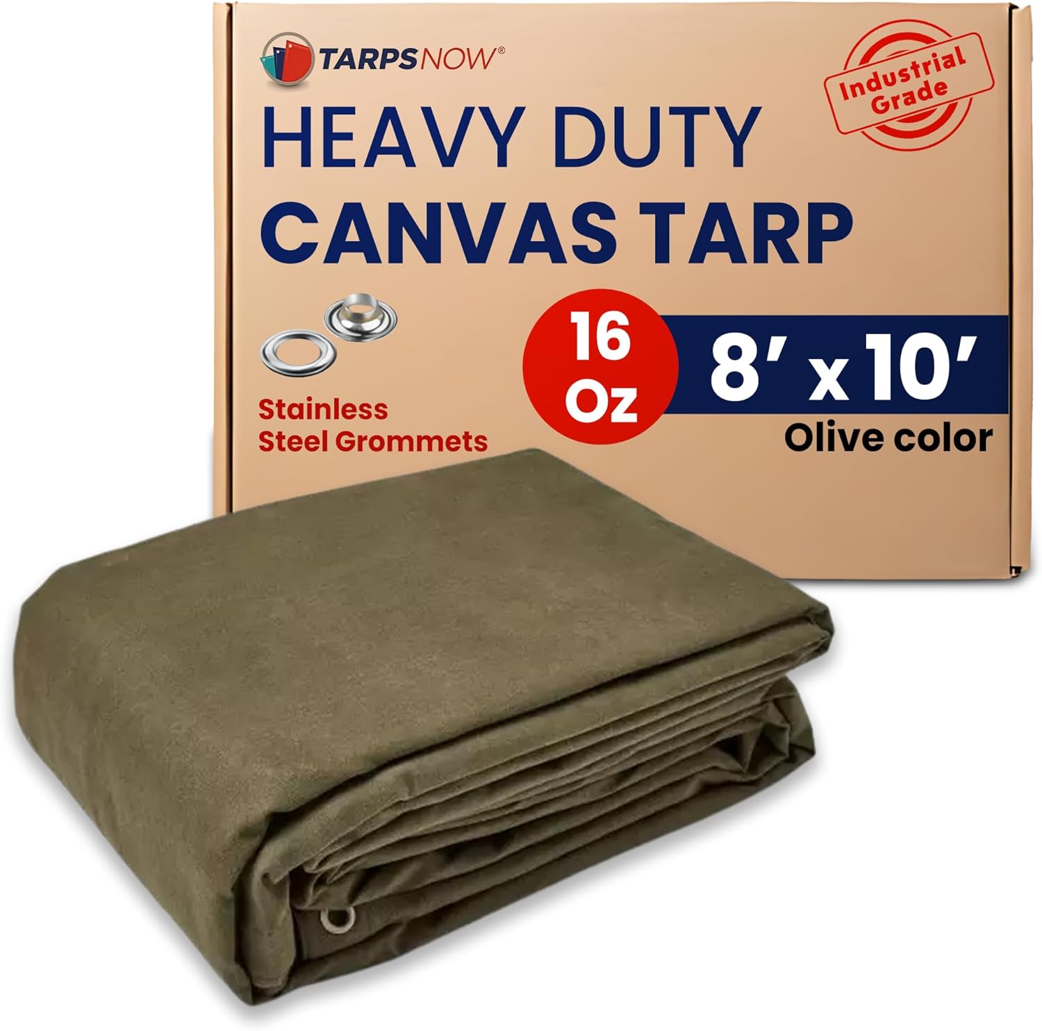 Tarps Now 8x10 ft Heavy Duty Canvas Tarp, 36 Mil, 16 Oz Industrial Grade Fabric with Stainless Steel Grommets, Reinforced Edges, Waxed Canvas Drop Cloth for Outdoors, Automotive, Construction & More