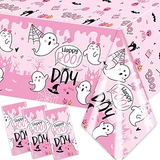 3Pack Pink Happy Boo Day Tablecloths,Halloween Party Tablecloths Disposable Pumpkin Ghost Theme Table Cover for Halloween Birthday Party Supplies