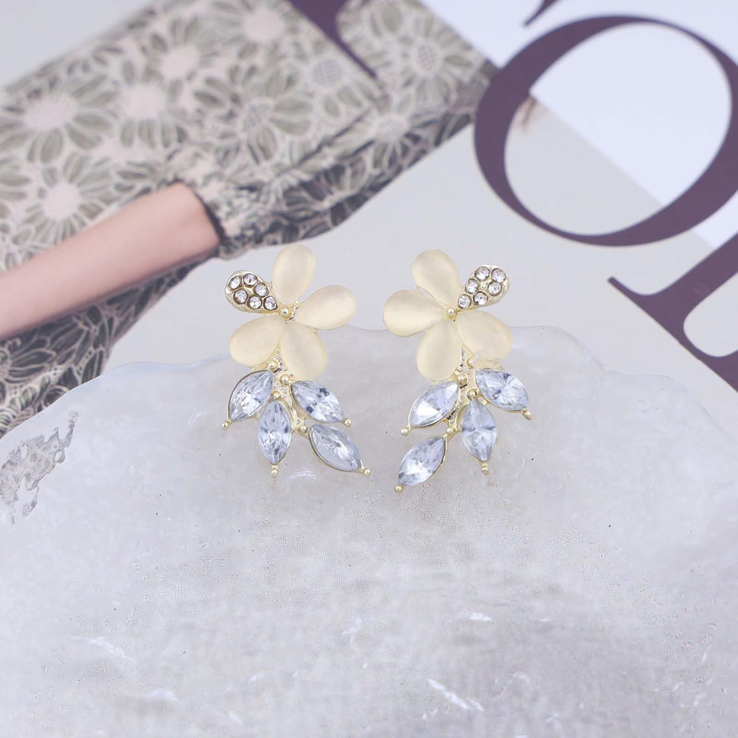 Vintage Crystal Flower Ear Climber Earrings Moonstone Flower Dangle Earrings Gold Cz Leaf Drop Earrings Rhinestone Leaf Stud Earrings Jewelry for Women - Image 3