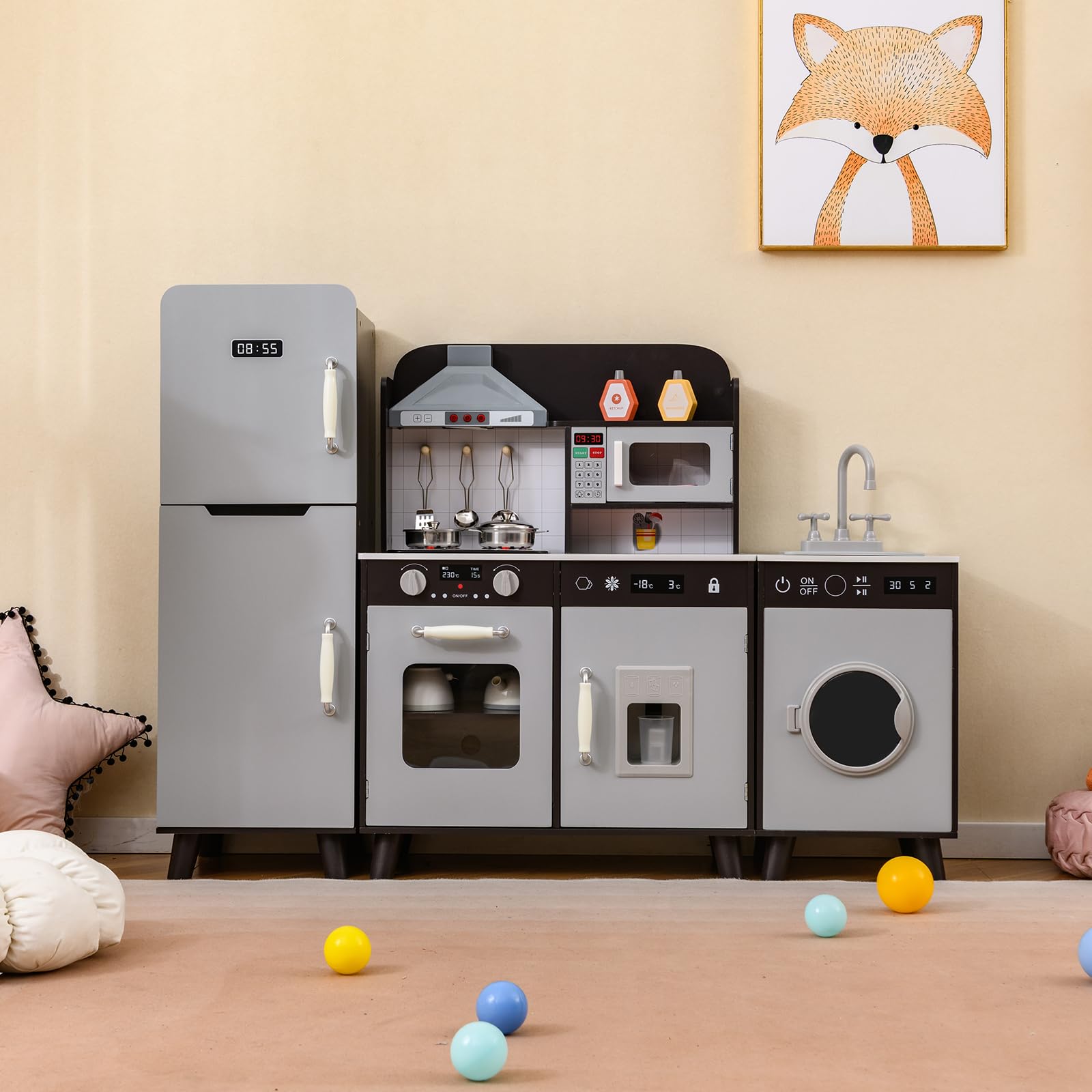 HOMASIS Cucina Giocattolo per Bambini, Gioco di Imitazione con Luci e Suoni, Lavatrice, Macchina per Ghiaccio, Fornello, Lavello, Microonde, Set da Cucina per Bambini dai 3 anni in su (Marrone)