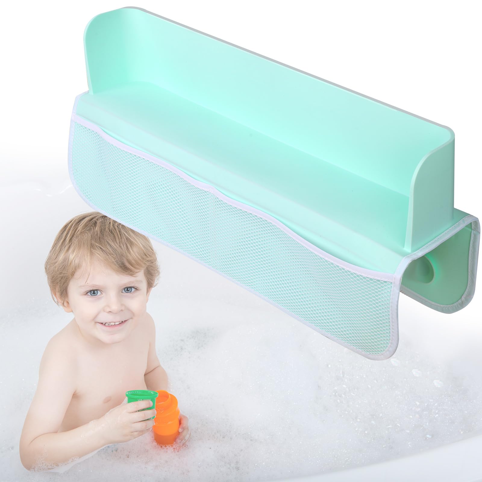 lasuroa Bathtub Splash Guard for Tub Kids with Mesh Storage Bag Organizer Bathtub Toy Shelf Splash Guard Suction Cups Attach to Bath Tub Bath Tub Splash Shield for Toddlers
