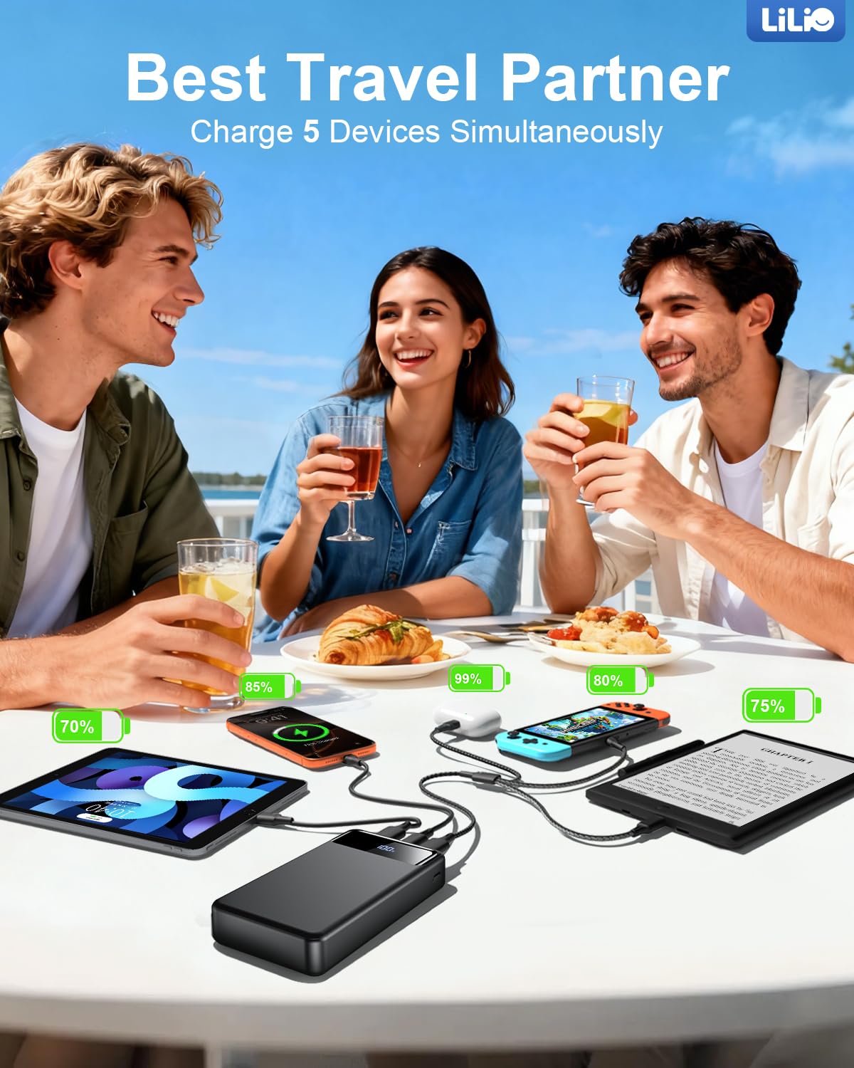 LILIO Cargador portátil, batería de 60,000 mAh, batería externa de 22,5 W, carga rápida con cable USB, cargador de teléfono para iPhone 17/16/15/14/13 todas las series/Samsung/Android, camping