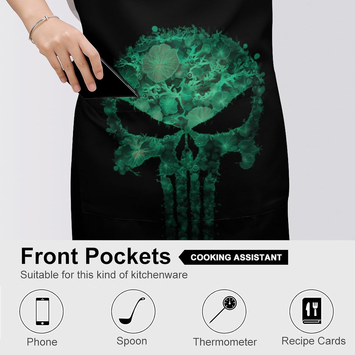 Green Punish1 Skull Funny Apron Chef Aprons with Pockets for Gardening Cooking Kitchen