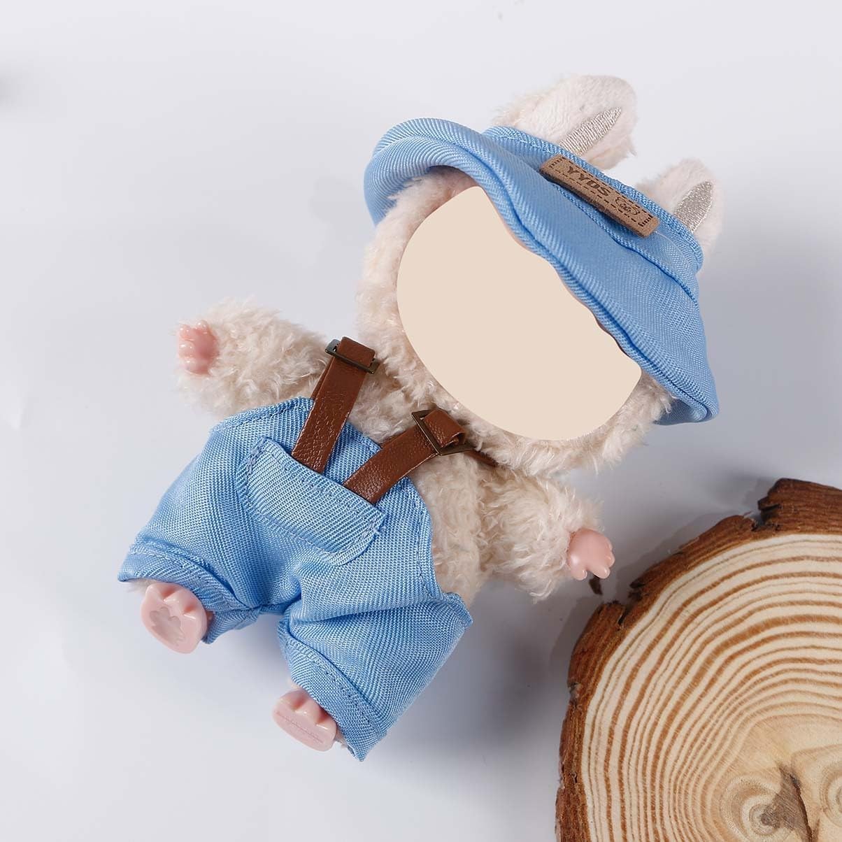 Compatible with Labubu 15cm/17cm (NO Doll) - Light Blue Bucket Hat & Overalls Set with Brown Straps, Doll Outfit Accessories (Light Blue)