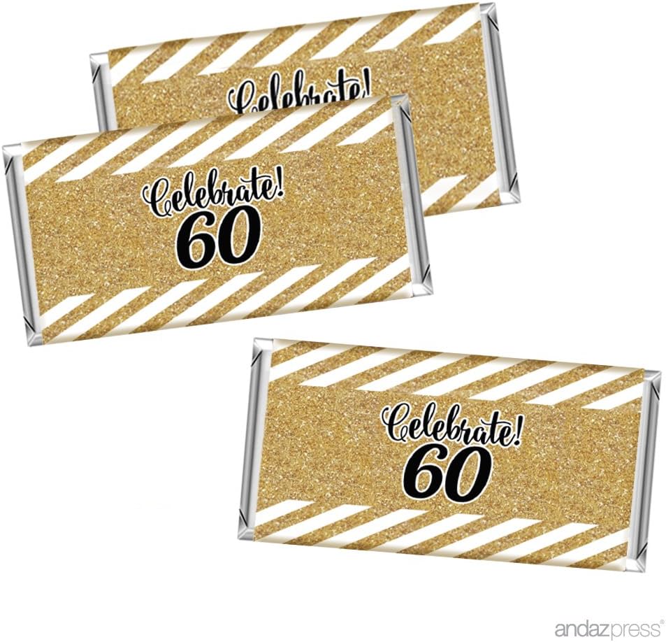 Andaz Press Milestone Chocolate Bar Party Favor Labels Stickers, Celebrate 60, 60th Birthday or Anniversary, 10-Pack, Printed Gold Glitter, Not Real Glitter
