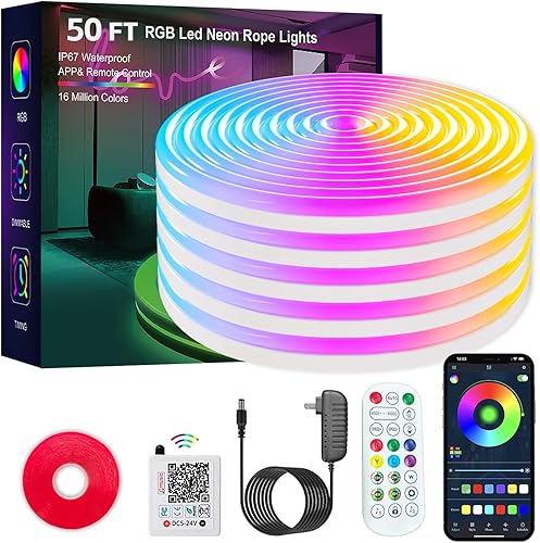 Luces de cuerda de neón, tira de luces LED IC+RGB de 50 pies, aplicación + control remoto, impermeable IP67 para exteriores, sincronización de