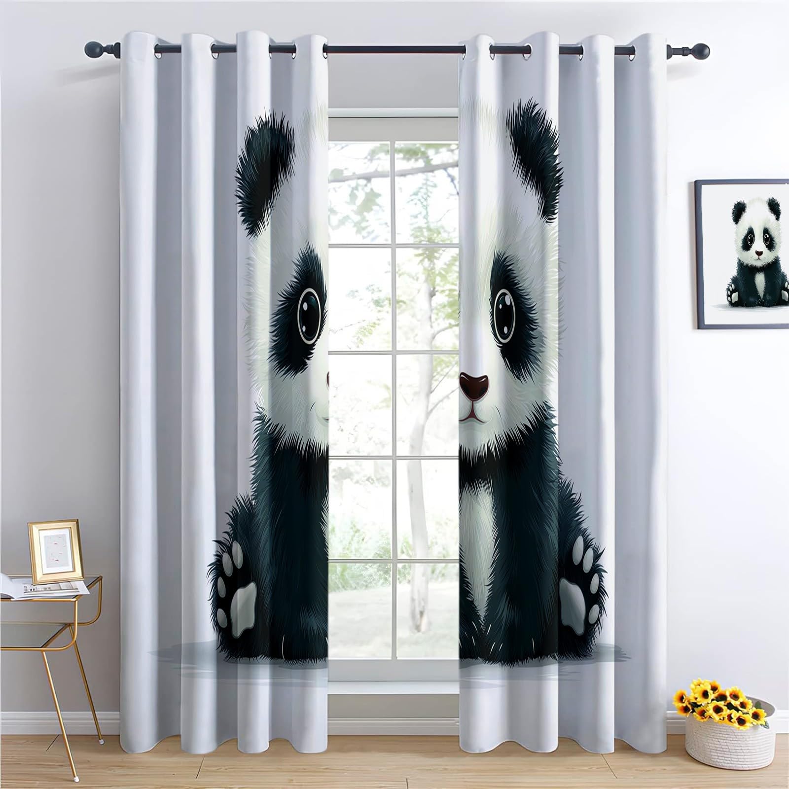 Cartoon Animals Panda Termiczna zasłona zaciemniająca 140 x 225 cm Zestaw 2 sztuk, zasłony do salonu, do salonu, domu, izolacja termiczna, ochrona przed zimnem, biała