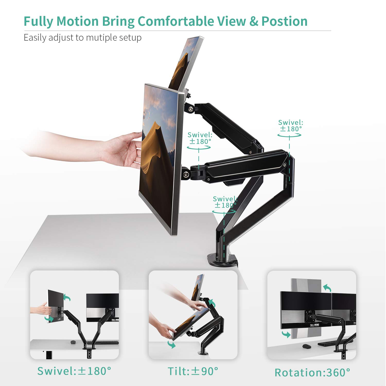 EleTab Dual Monitor Mount Height Adjustable Gas Spring Monitor Arm